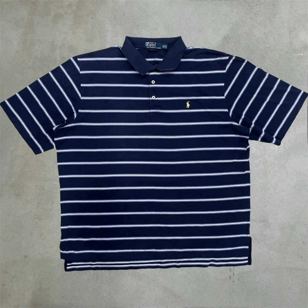 Polo Ralph Lauren Polo Shirt Mens XL Navy Blue Striped Golf Fit Pima Cotton Pony